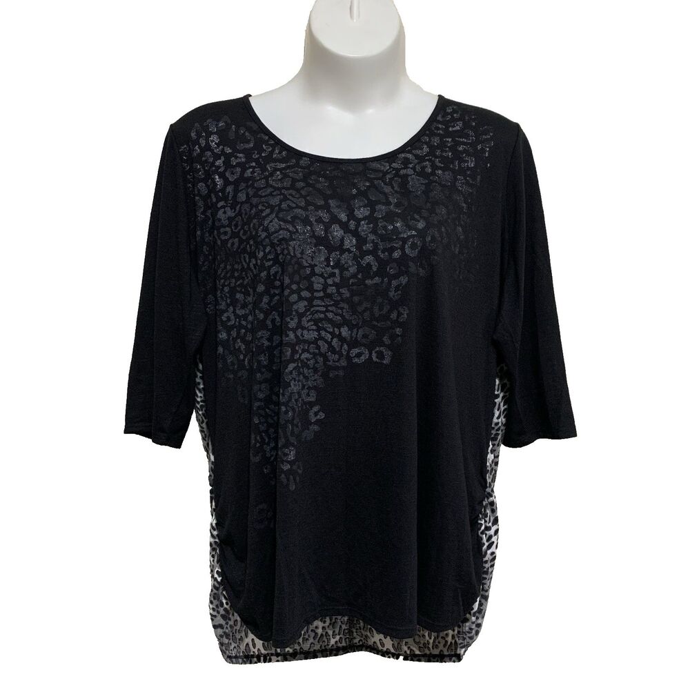 Faded Glory Tunic Top Womens Size 4X Black Animal Print Knit 3/4 Sleeve Ruched